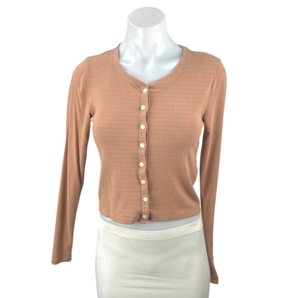 Abercrombie & Fitch Womens Brown Ribbed Knit Long Sleeve Button Up Blouse Top XS